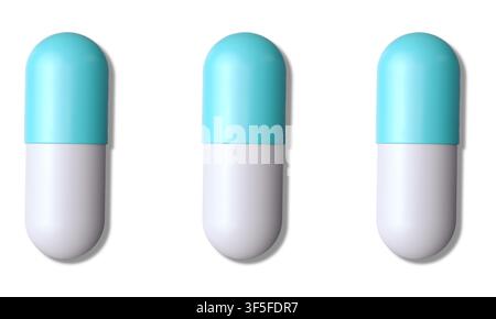 Three blue and white medical capsules. Pharmaceutical pills isolated on a white background. Stock Vector