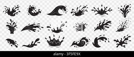 Set of Black Water Liquid Splash Silhouettes Vector Icons Collection for Graphic Design Projects Stock Vector