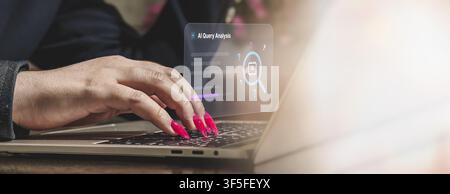 Woman typing on laptop with futuristic AI query analysis hologram overlay. Artificial intelligence search concept. Stock Photo