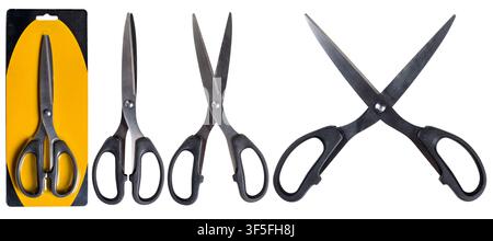 A collection of black-handled scissors showing them in retail packaging, closed, and open positions, isolated on a white background. Ideal for office, Stock Photo