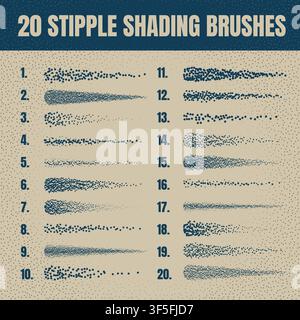 Ink scatter brush, stipple drawing and texturing. Fading gradient. Stippling, dotwork drawing, shading using dots. Halftone disintegration effect Stock Vector