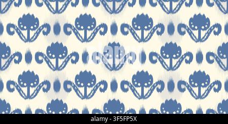 Ikat seamless floral abstract pattern. Vector batik print with blue flowers on light background. Rug traditional embroidery vintage design for textile Stock Vector