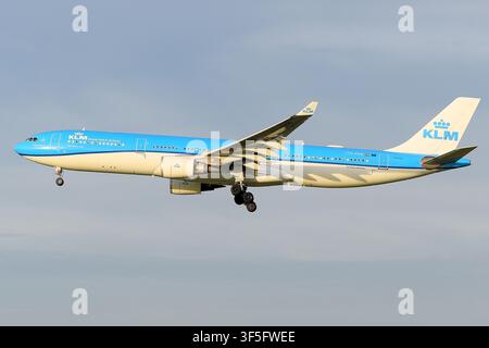 KLM Royal Dutch Airlines Airbus A330-200 approaching Amsterdam Schiphol Airport Stock Photo
