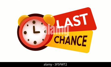 Last Chance sale banner with a red alarm clock icon. Promotion tag for discount offer. Vector illustration. Stock Vector
