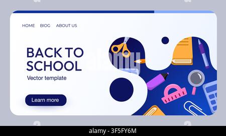 Back to school website landing page template with education stationery items. Vector illustration. Stock Vector