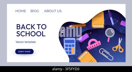 Back to school landing page template with educational supplies for students and teachers. Vector illustration. Stock Vector