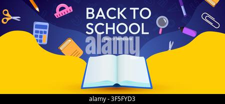Back to school banner with open book and supplies. Educational background for students. Vector illustration Stock Vector