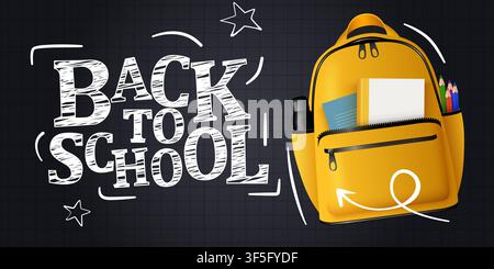 Back to school banner with a yellow backpack and chalk lettering on a dark grid background. Vector illustration Stock Vector