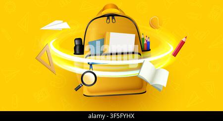 School backpack with educational supplies on yellow background. Concept of back to school. Vector illustration Stock Vector