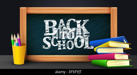 Back to School banner with chalkboard and colorful books, perfect for seasonal classroom design. Vector illustration Stock Vector