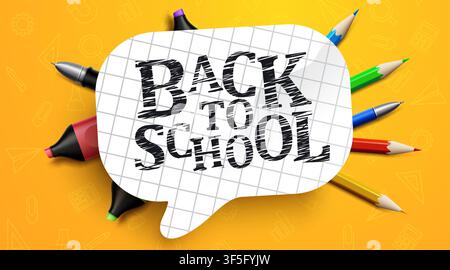 Back to school concept with educational supplies and lettering on yellow paper background. Vector illustration. Stock Vector