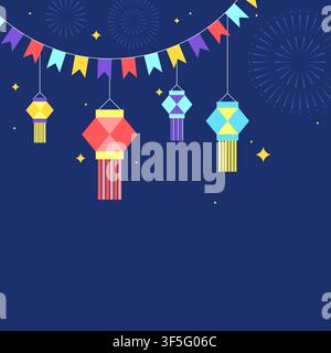 Navy blue Diwali square background with bunting flags and fireworks Vector Illustration Stock Vector