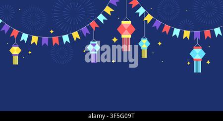 Navy blue Diwali wide banner with fireworks and hanging lanterns  Vector Illustration Stock Vector