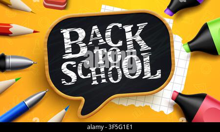 Back to School chalk sign with colorful stationery supplies on a yellow background. Vector illustration. Stock Vector