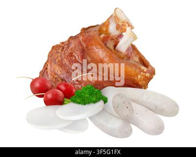 Bavarian sausages and knuckle of pork with beer and pretzel isolated on white background Stock Photo