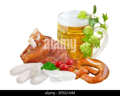 Bavarian sausages and knuckle of pork with beer and pretzel isolated on white background Stock Photo
