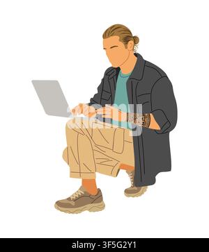 Man sits cross legged, typing on laptop Stock Vector