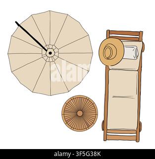 Beach chair, umbrella, and hat shown from above Stock Vector