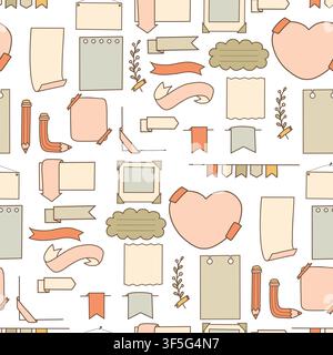 Note Paper Ribbon Seamless Pattern Doodle. Pencil, Photo Frame Scroll Ribbon Flag Ribbons, Heart, Plant and Garland Flags on White Background. Hand Dr Stock Vector