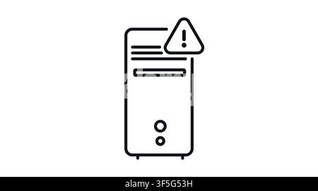 Computer tower with exclamation mark warning triangle vector icon. Black line art style on white background. PC hardware error, system failure, and te Stock Vector