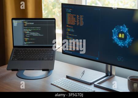 AI assistant or AI agent running automated tasks on computer in empty workspace, generating code and working on project automatically. Automation and task delegation to artificial intelligence Stock Photo