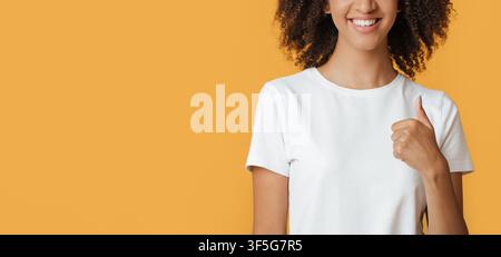Satisfied client or customer recommend service. Smiling young african american woman show thumbs up Stock Photo