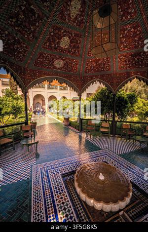 View of the vast variety of plants and decorative elements within the Jardin Secret, located in the heart of the Medina Quarter in Marrakesh, Morocco Stock Photo