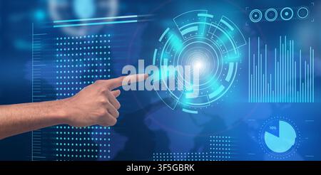 Modern Technologies. Hand pushing virtual button with fingerprint icon on digital touchscreen Stock Photo