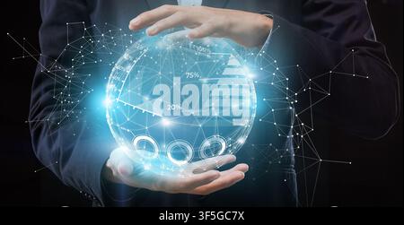 Modern Business Technologies. Businessman Holding Globe Hologram With Graphs And Charts Stock Photo