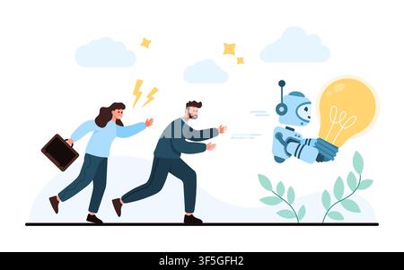 Business people chase a robot carrying a glowing light bulb, showing artificial intelligence risks, copyright disputes, ethics concerns and innovation conflict isolated on white vector illustration Stock Vector