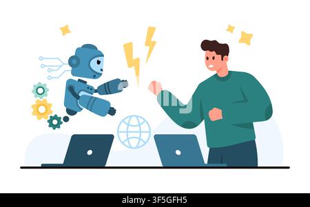 Robot and office worker face off across laptops, showing artificial intelligence competition, automation pressure, digital workplace conflict, isolated on white background vector illustration Stock Vector