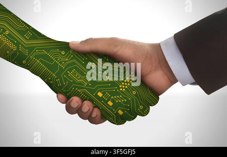 Businessman And Microchipped Man Shaking Hands Over Gray Background, Collage Stock Photo