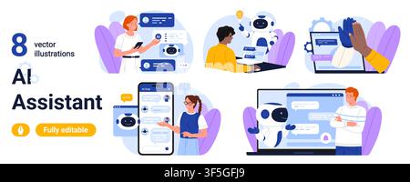 Collection of eight AI assistant chatbot scenes with users messaging on phones and laptops, customer support, automation, online communication isolated on white background vector illustration Stock Vector