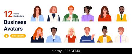 Collection of 12 business avatar portraits featuring office workers, managers and corporate staff in editable flat style, isolated on white background vector illustration Stock Vector