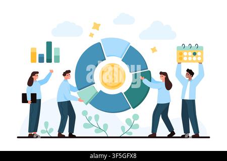 Business team builds a finance diagram with pie chart, coin, calendar and bar graph icons, showing planning, budgeting, analytics and reporting isolated on white background vector illustration Stock Vector