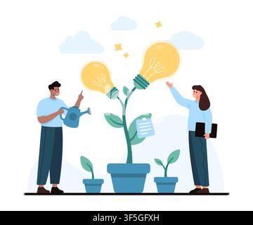 People nurture growing light bulb plants to represent developing ideas, creativity, teamwork, planning and innovation in a startup scene isolated on white background vector illustration Stock Vector