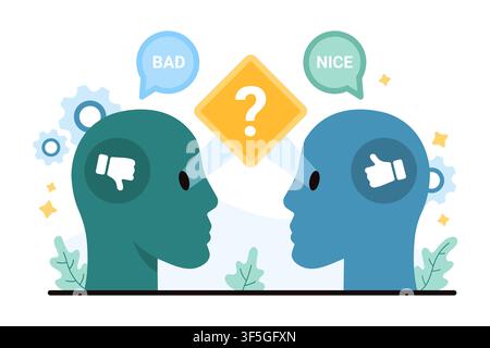 Two human heads face each other with bad and nice speech bubbles, thumbs down and up icons, showing different perception, judgment, disagreement, isolated on white background vector illustration Stock Vector