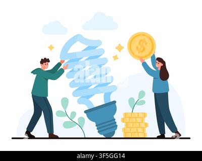 People with spiral light bulb, coin and savings stack show energy saving, electricity efficiency, eco finance and lower utility costs isolated on white background vector illustration Stock Vector