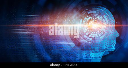Human Head With Digital Brain Over Blue Background, AI Collage Stock Photo