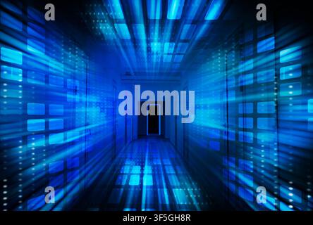 Abstract Virtual Database Server Room, Blue Background, Collage Stock Photo