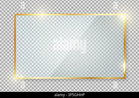 Transparent gold glass banner with reflection isolated on transparent background. Blank gloss glass plate. Realistic rectangle glass frame. Square 3d Stock Vector