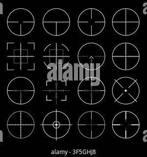 Pack of sniper rifle aims isolated. Crosshairs target choose destination icons. Aim shoot focus cursor. Bullseye mark targeting. Game aiming sight dot Stock Vector
