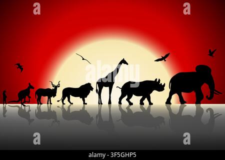 Silhouettes of wild animals on red sunset background. Vector illustration Stock Vector