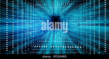 Abstract Virtual Cyberspace Tunnel, Neon Blue Background, Panorama Stock Photo