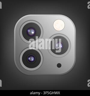 Realistic camera lenses 3D icon isolated on black ambient background. Vector Illustration Stock Vector