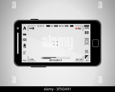 Flat black modern mobile camera phone with focusing screen with settings isolated. Camera recording. Vector illustration Stock Vector