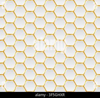 Gold and white honey hexagonal cells seamless texture. Mosaic or speaker fabric shape pattern. Technology concept. Honeyed comb grid texture and geome Stock Vector
