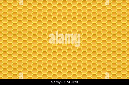 Gold honey hexagonal cells seamless texture. Mosaic or speaker fabric shape pattern. Golden honeyed comb grid texture and geometric hive hexagonal hon Stock Vector