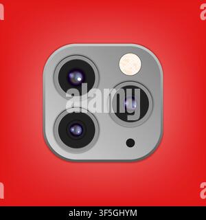 Realistic camera lenses 3D icon isolated on stylish red ambient background. Vector Illustration Stock Vector