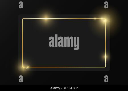 Gold shiny glowing vintage frame on grey plate isolated on black background. Golden luxury realistic border. Wedding, mothers or Valentines day concep Stock Vector